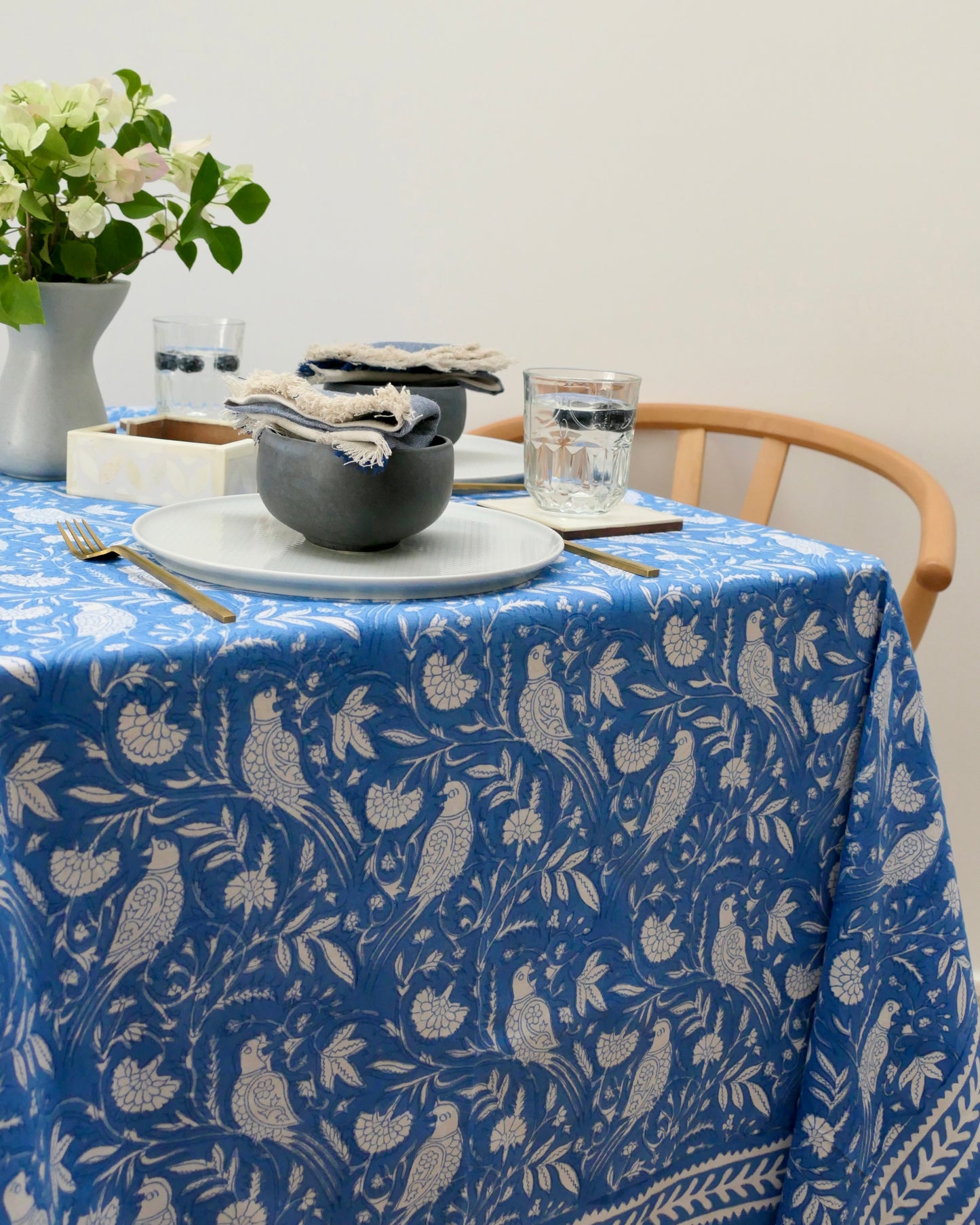 Table Cloth, Block Printed, Bird, Blue
