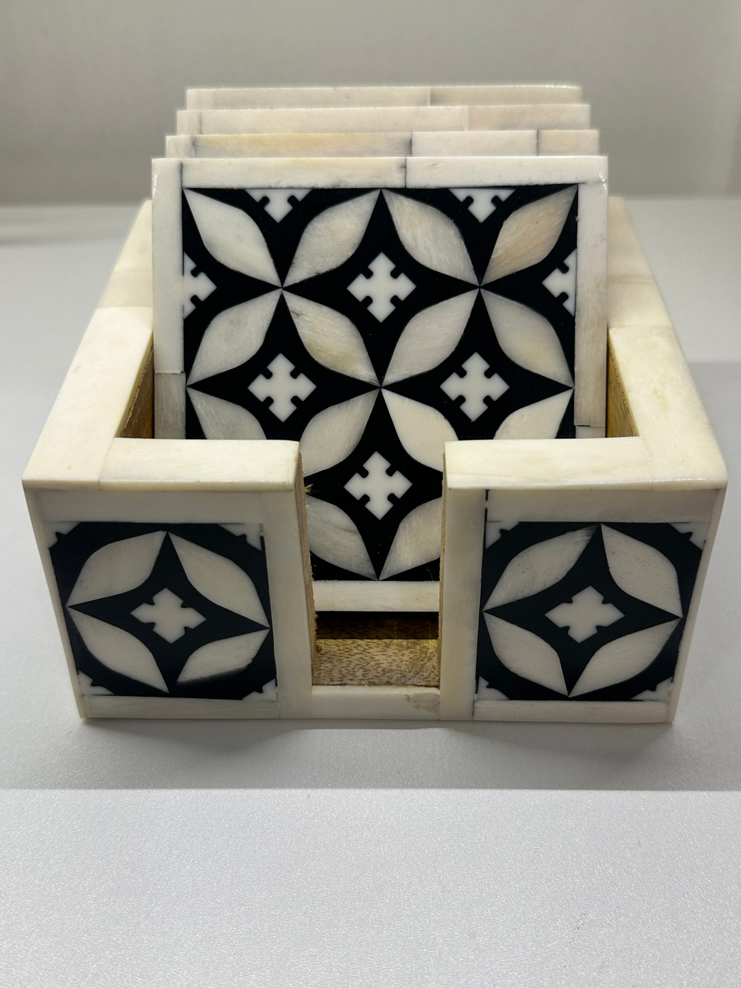 Coaster in Holder, Bone Inlay, Bharu, Black