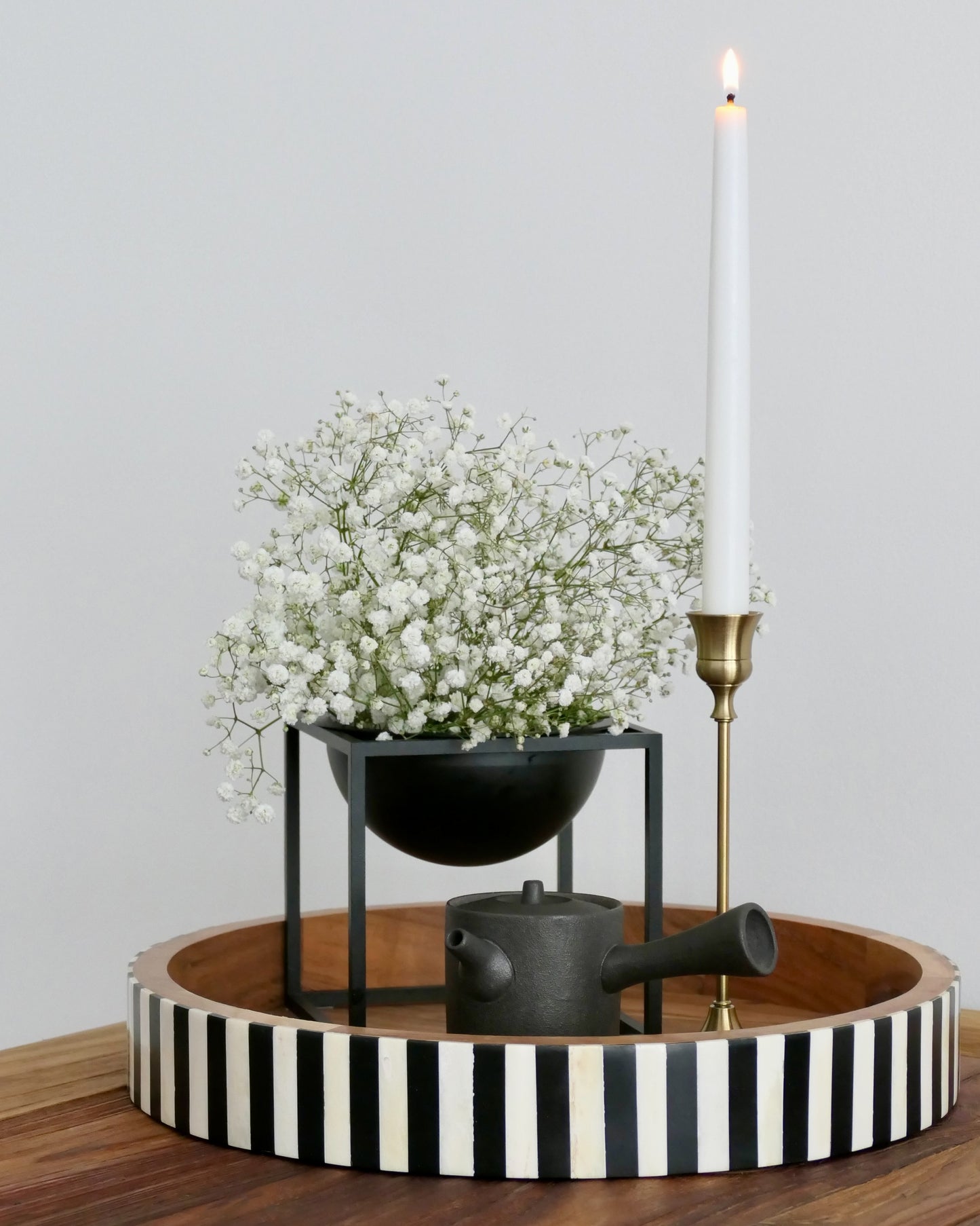Black and white bone inlay tray on acacia wood