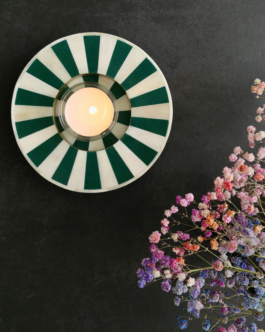 Bone inlay tea light candle holder green striped