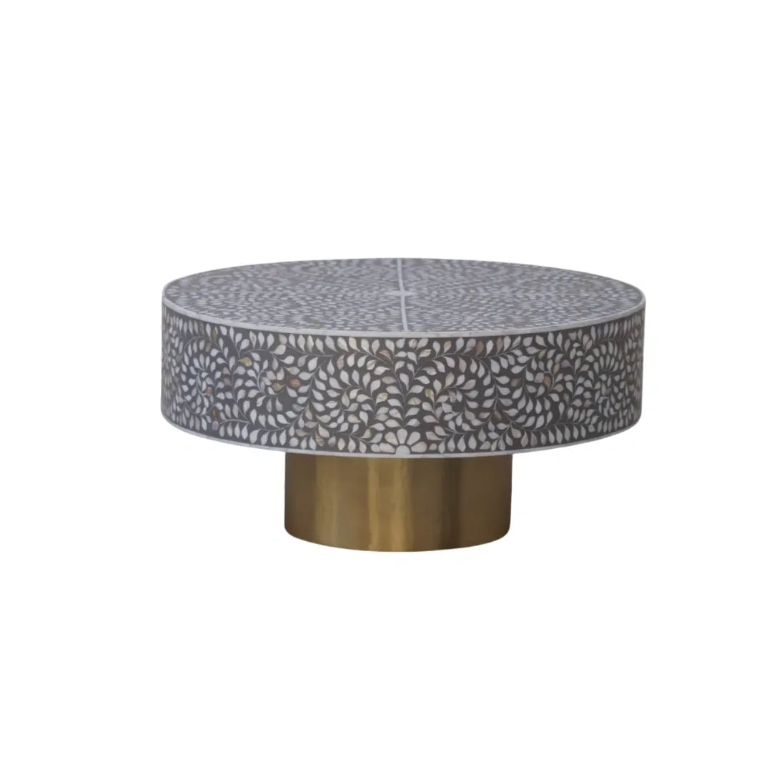 Coffee table, mother of pearl inlay, botanical grey
