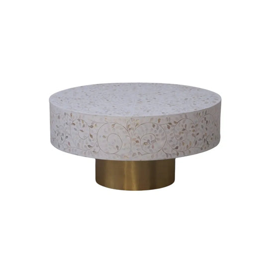 Coffee table, mother of pearl inlay, botanical white