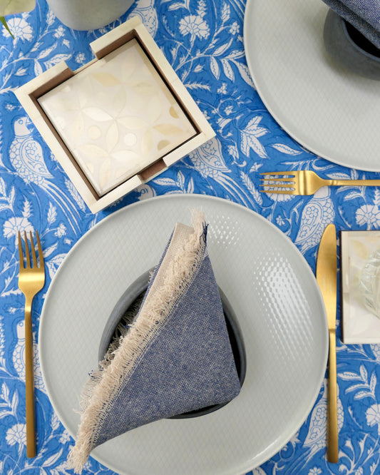 Table Cloth, Block Printed, Bird, Blue