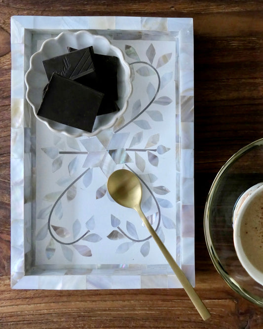 Tray, Mini Rectangle, Mother of Pearl Inlay, Botanical, White