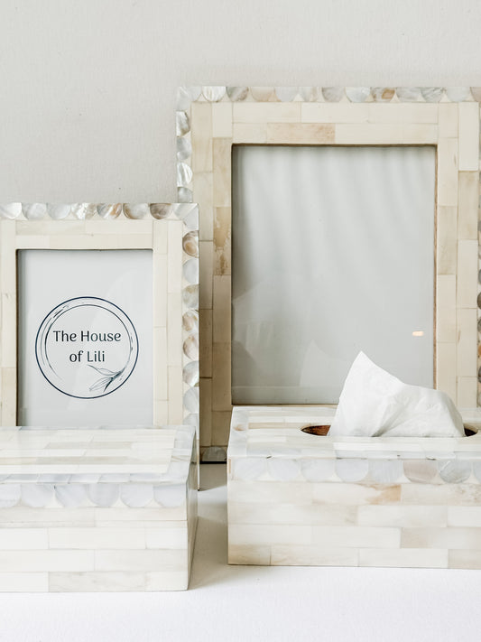 Tissue Box, Bone Inlay, Orchard, White