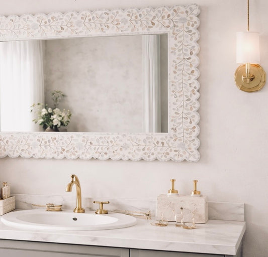 Furniture, Mother of Pearl Inlay, Mirror, Botanical, White