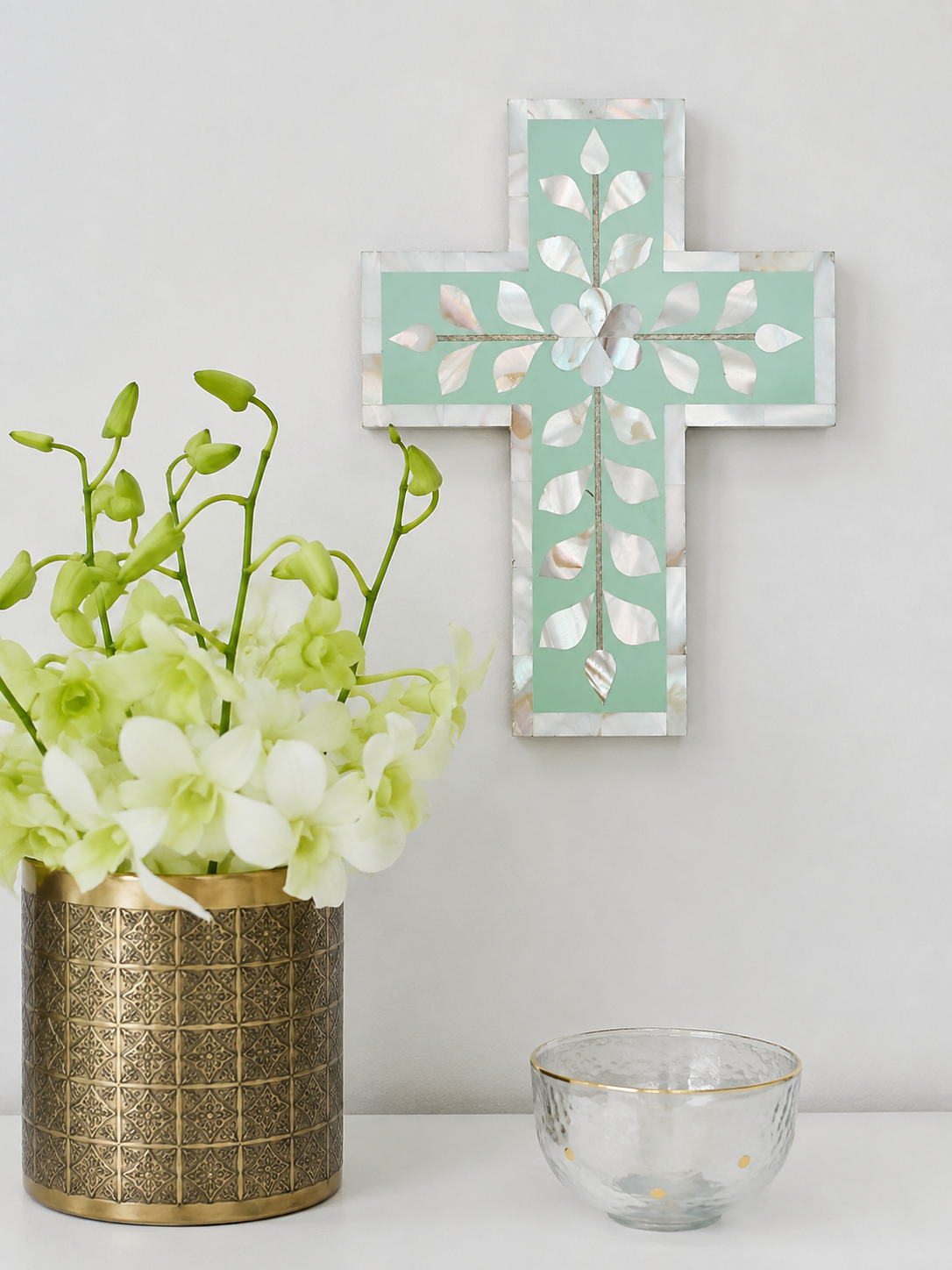 Cross, Small, Mother of Pearl Inlay, Botanical, Aqua