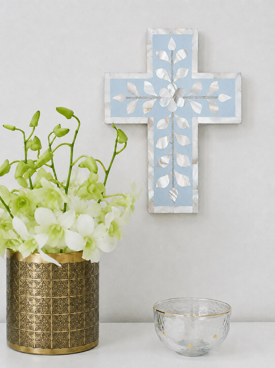Cross, Small, Mother of Pearl Inlay, Botanical, Light Blue