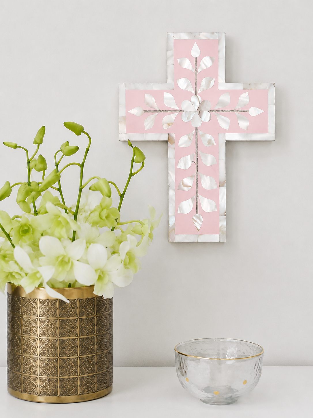 Cross, Small, Mother of Pearl Inlay, Botanical, Pink