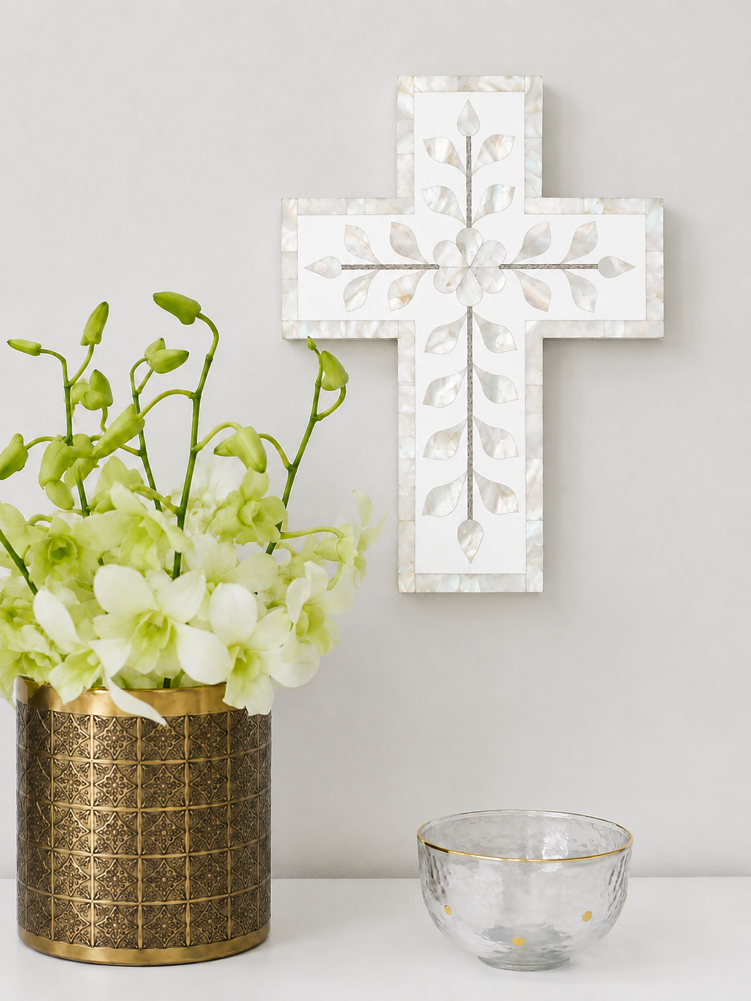 Cross, Small, Mother of Pearl Inlay, Botanical, White