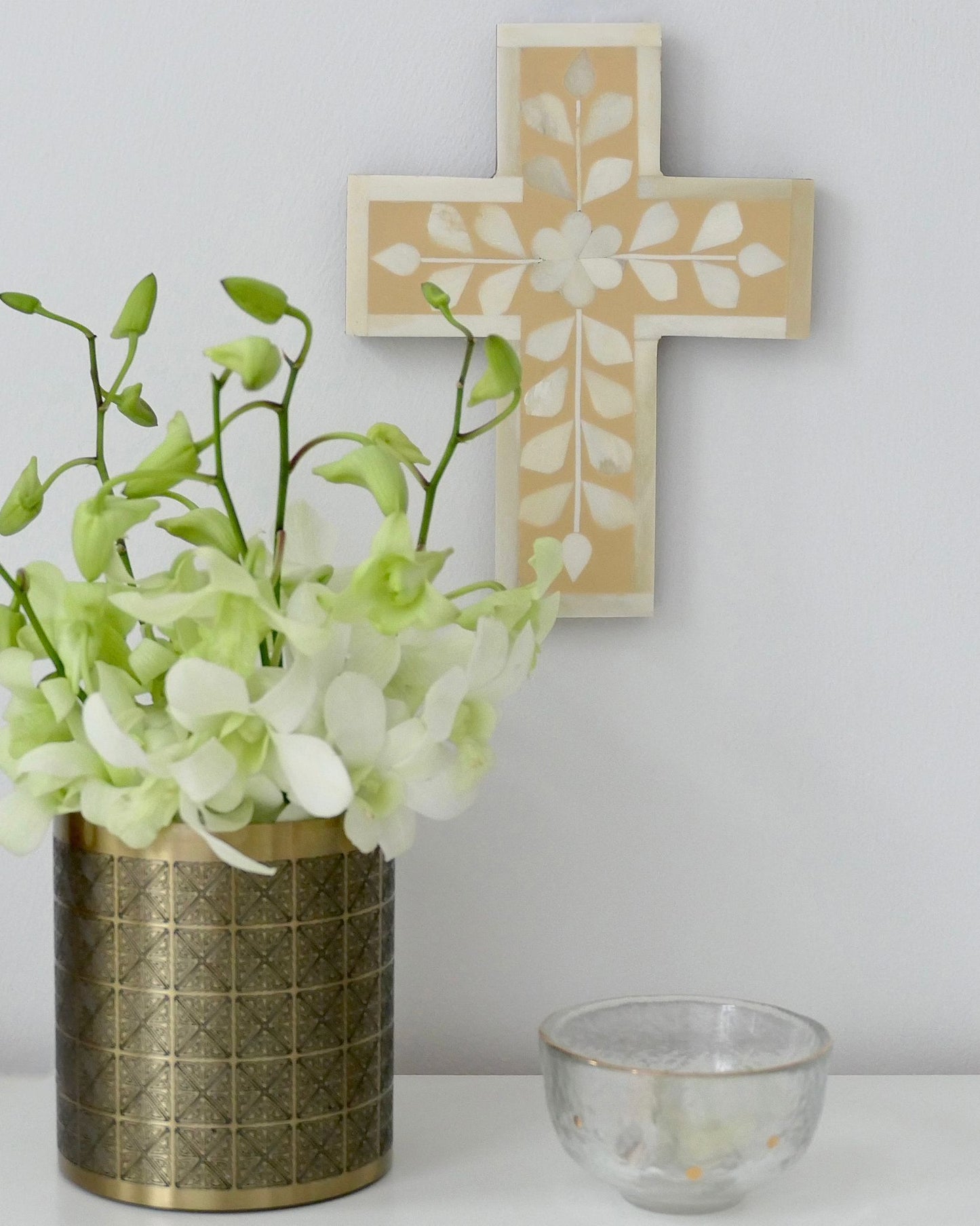 Cross, Small, Bone Inlay, Botanical, Beige