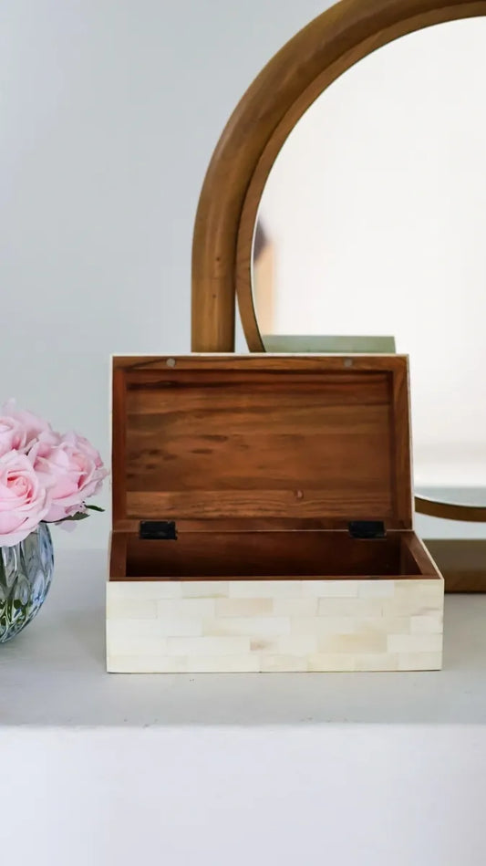 acacia wood and bone inlay white box