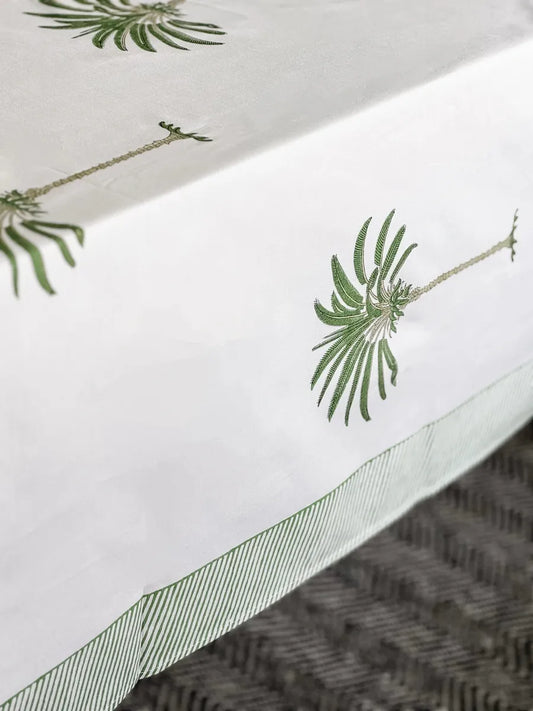 block print table cloth green palm
