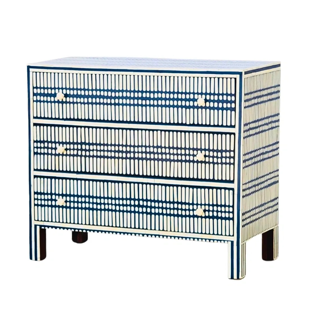 Decorative chest of drawers with blue and white pattern on a white background