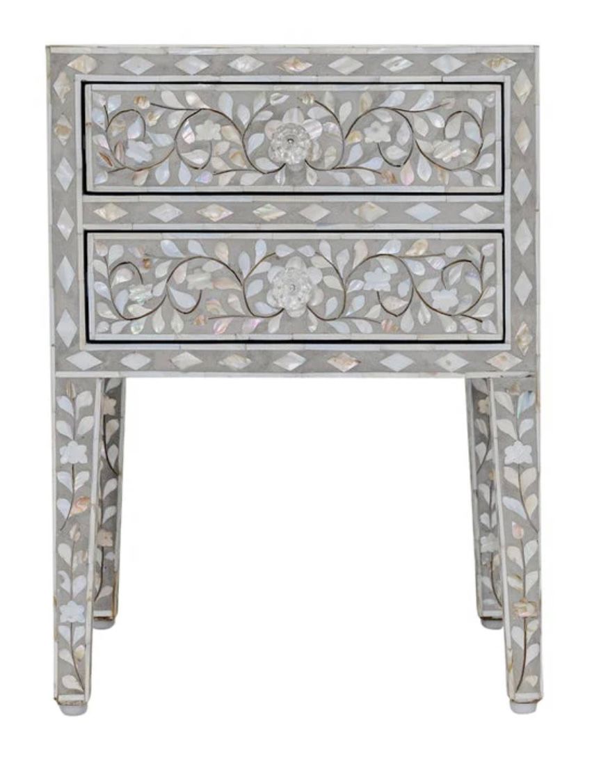 botanical mother of pearl inlay bed side table