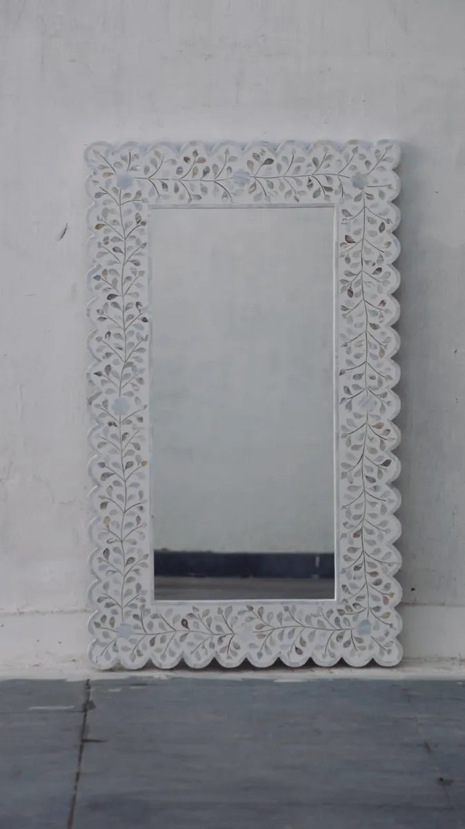 mother of pearl inlay mirror with scalloped edges