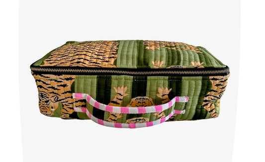 Green fabric pouch with tiger pattern and pink strap on a white background