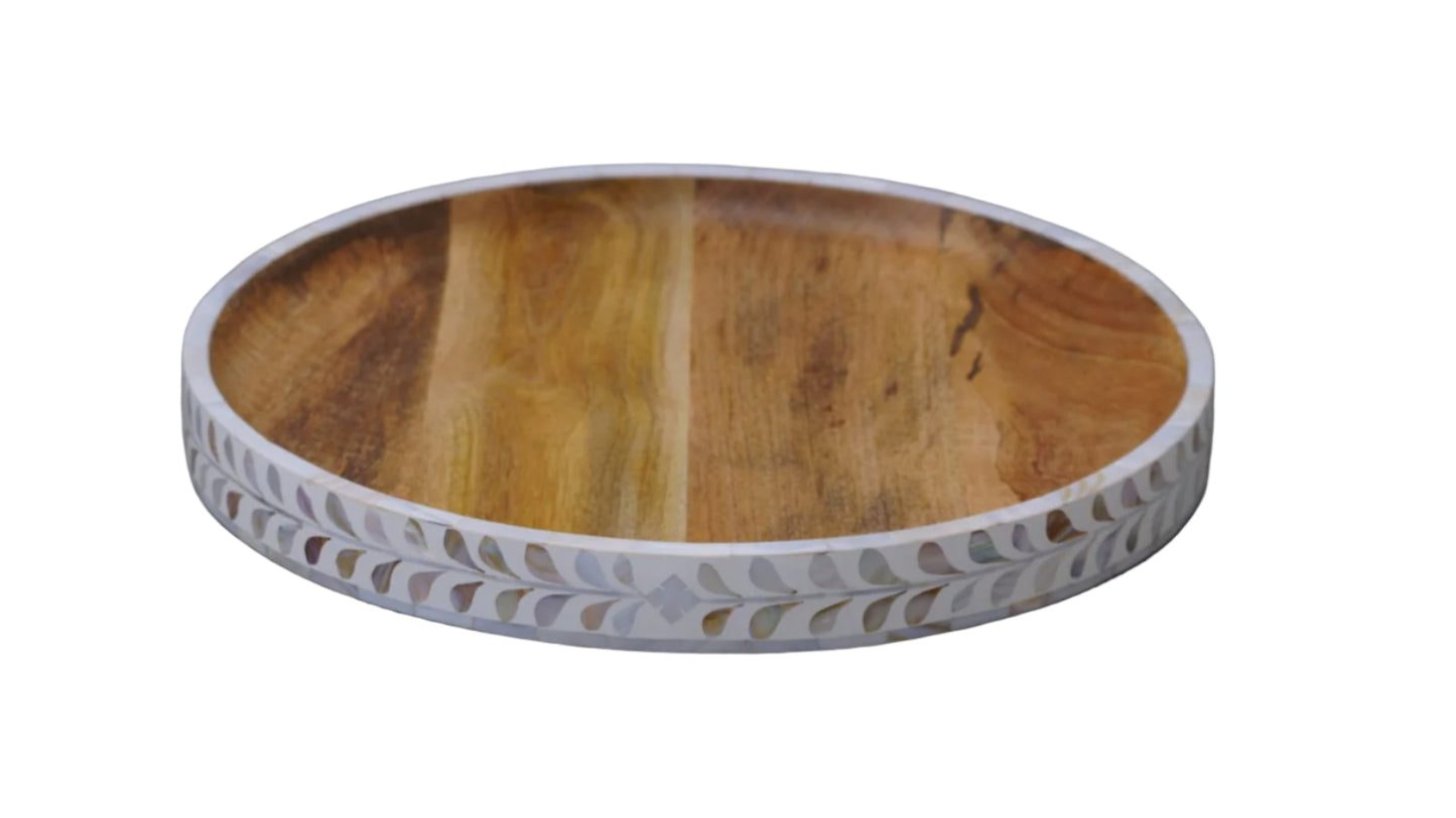 Tray, Mango Wood, Mother of Pearl Inlay, Botanical, White
