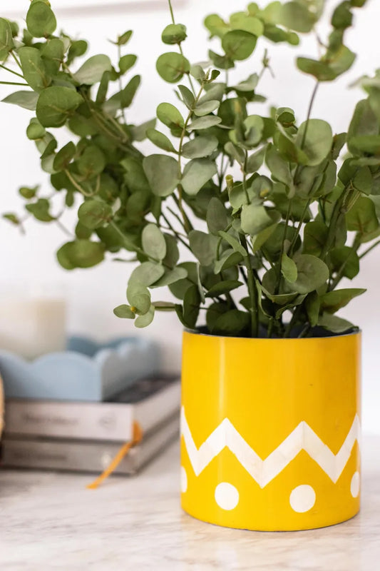 yellow and white ubin plant pot bone inlay