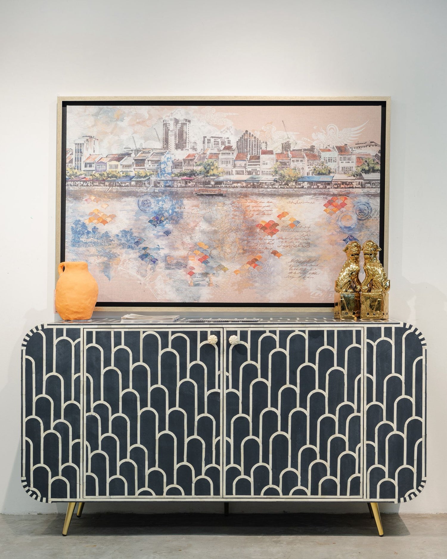 BLACK AND WHITE BONE INLAY SIDEBOARD