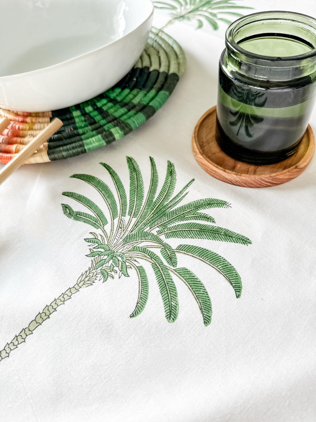 BLOCK PRINTED GREEN PALM TABLE CLOTH