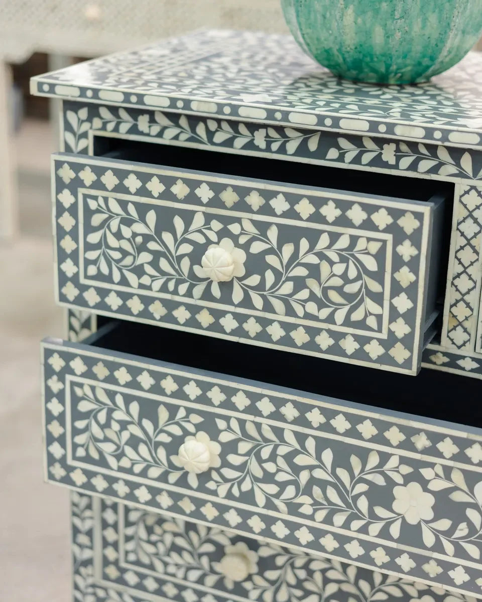 grey botanical floral leaf bone inlay chest of drawers