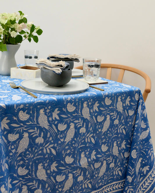 Table Cloth, Block Printed, Bird, Blue