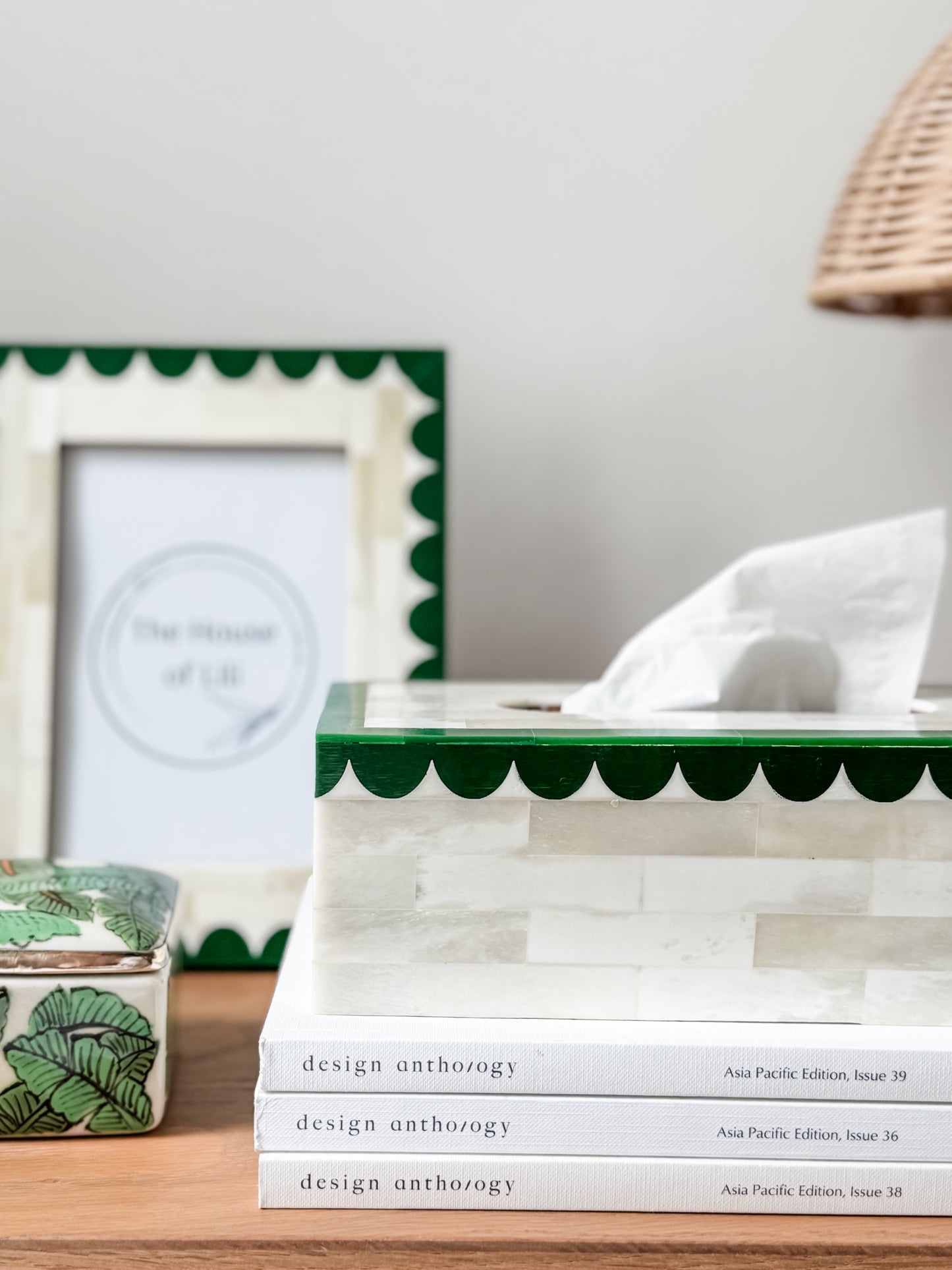 Tissue Box, Bone Inlay, Orchard, Green