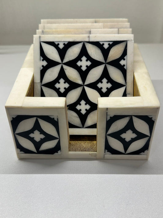 Coaster in Holder, Bone Inlay, Bharu, Black