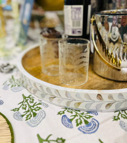 Tray, Mango Wood, Mother of Pearl Inlay, Botanical, White