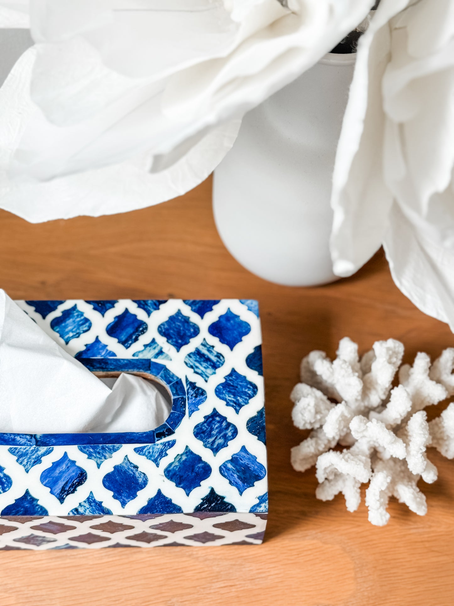 Tissue Box, Bone Inlay on acacia wood, Haji, Blue Bone