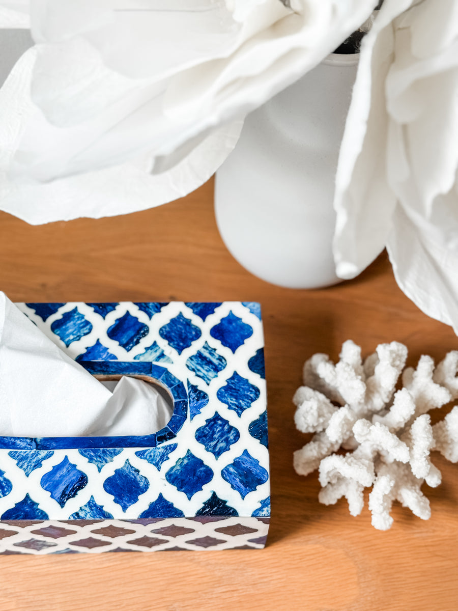 Tissue Box, Bone Inlay on acacia wood, Haji, Blue Bone