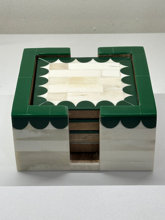 Coaster in Holder, Bone Inlay, Orchard, Green