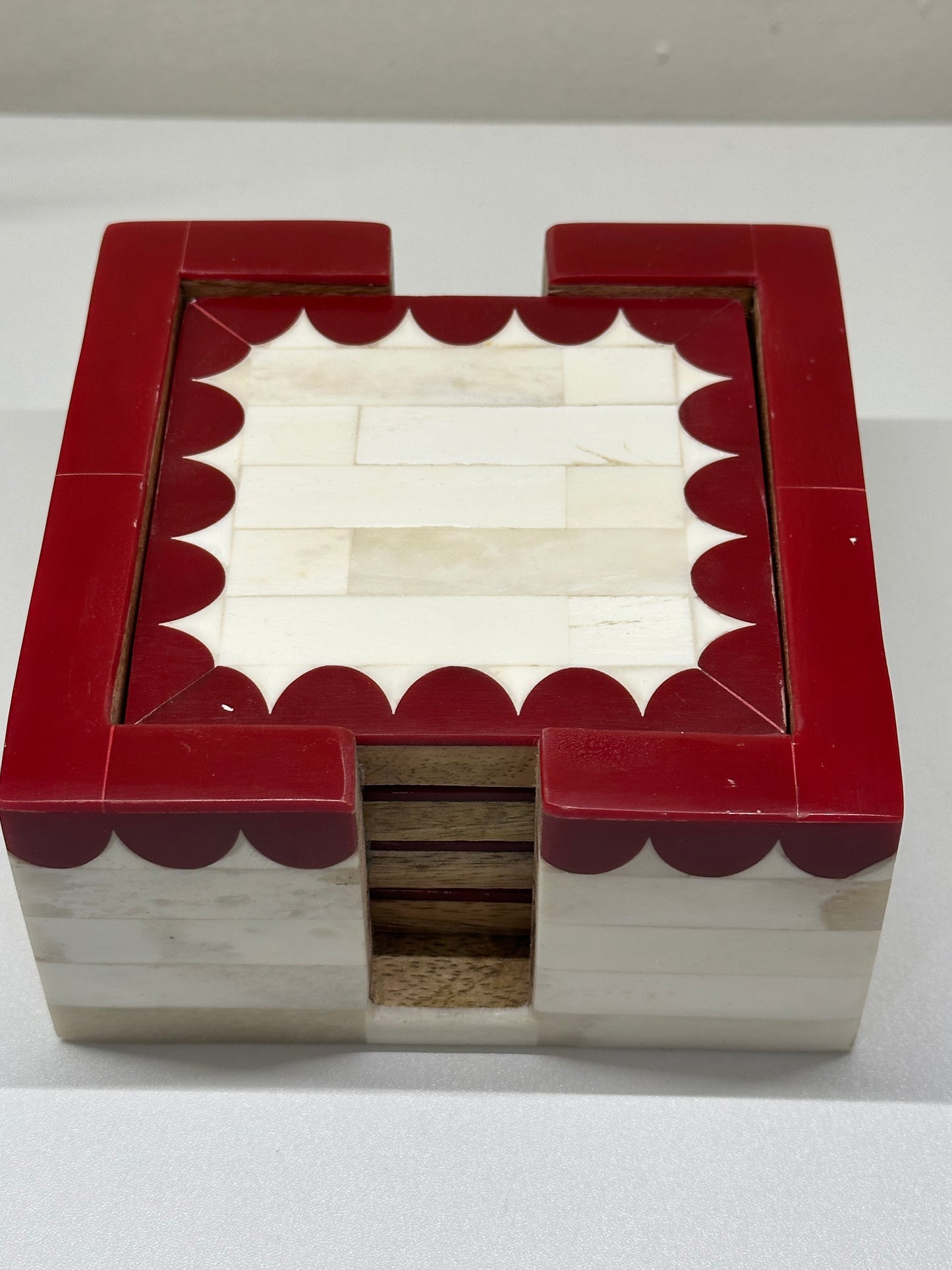Coaster in Holder, Bone Inlay, Orchard, Red