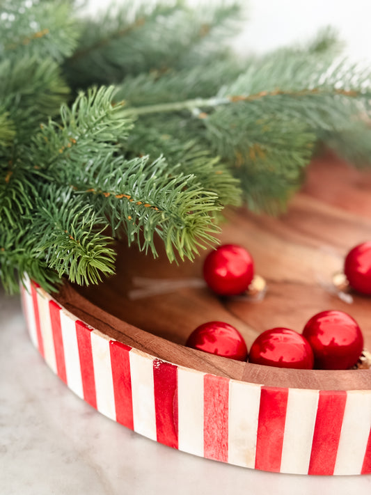 Tray, Acacia Wood, Bone Inlay, Jewel, Red