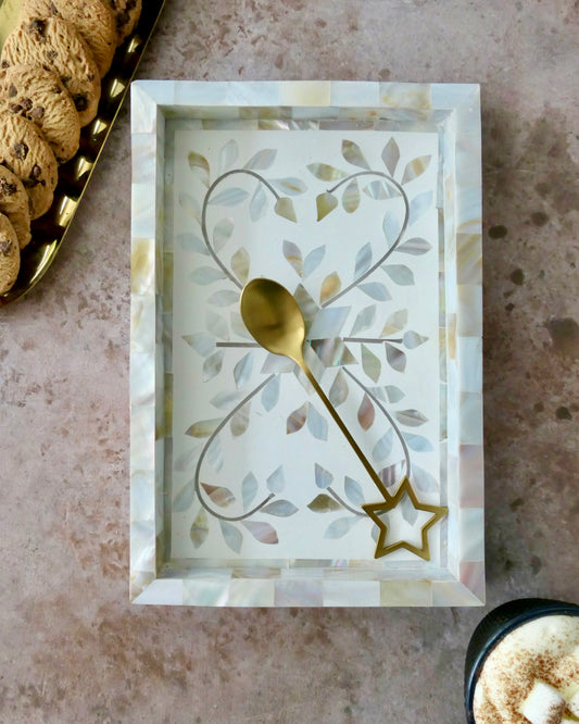 Tray, Mini Rectangle, Mother of Pearl Inlay, Botanical, White