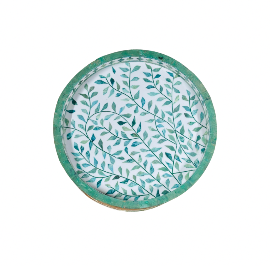Tray, Round, Bone Inlay, Vine, Green
