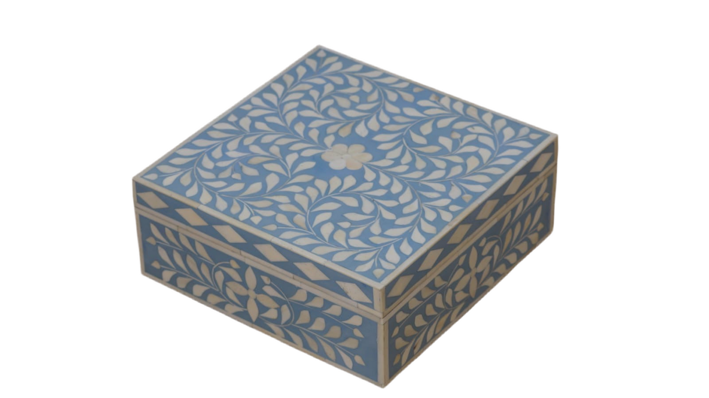 Keepsake Box, Extra Large, Bone Inlay, Botanical, Blue