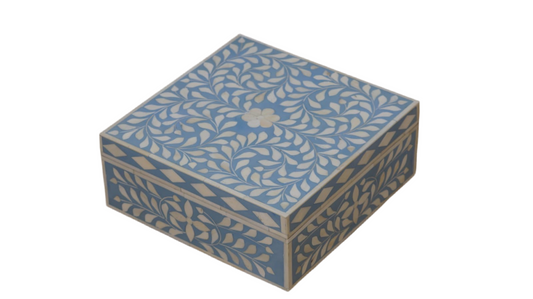 Keepsake Box, Extra Large, Bone Inlay, Botanical, Blue
