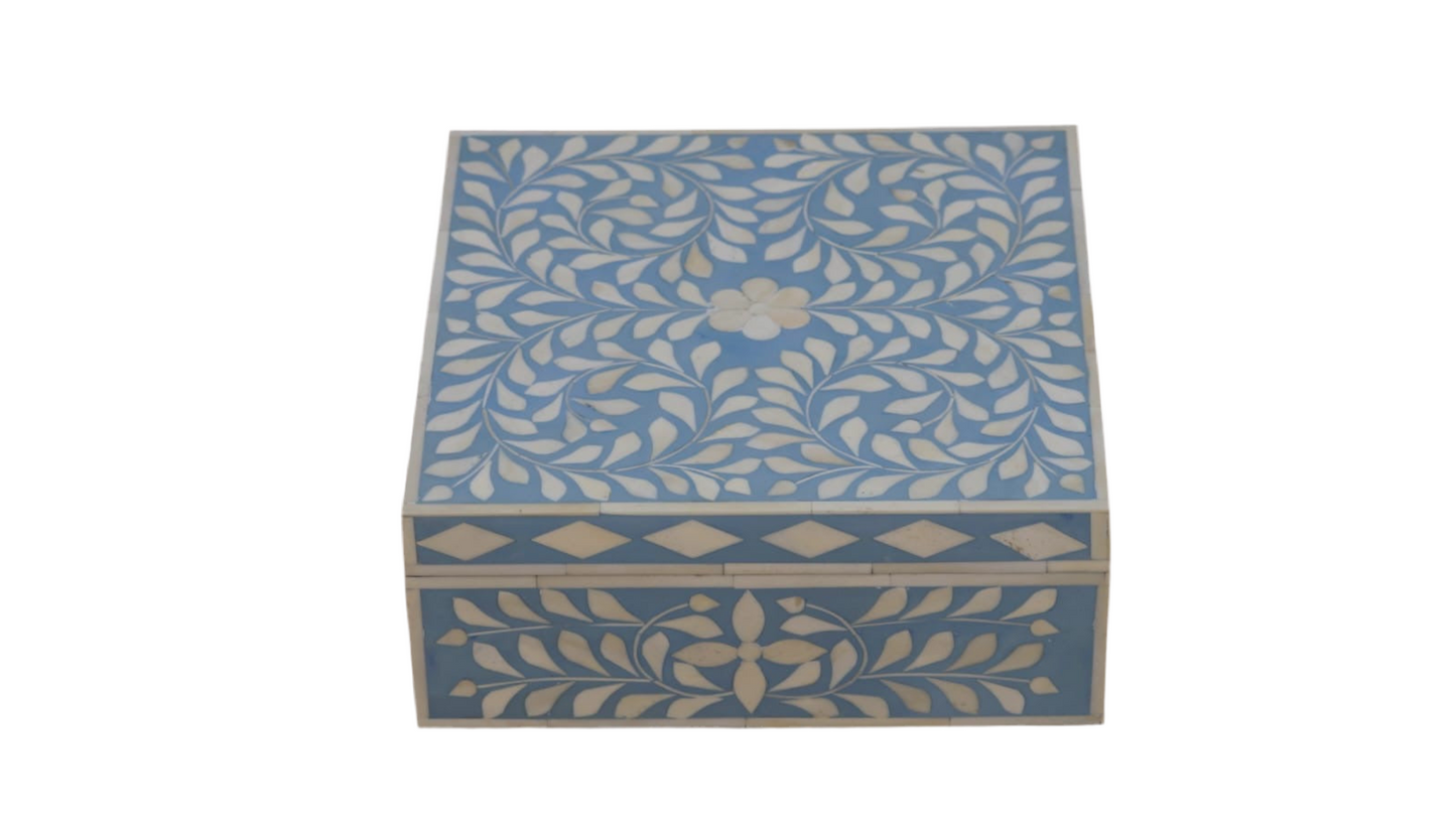 Keepsake Box, Extra Large, Bone Inlay, Botanical, Blue