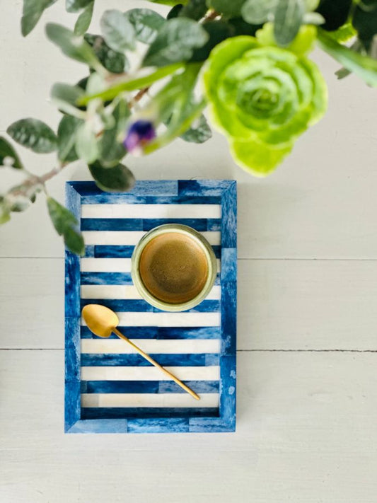 Blue and white striped tray with a gold cup and spoon on a light wooden surface with greenery in the background