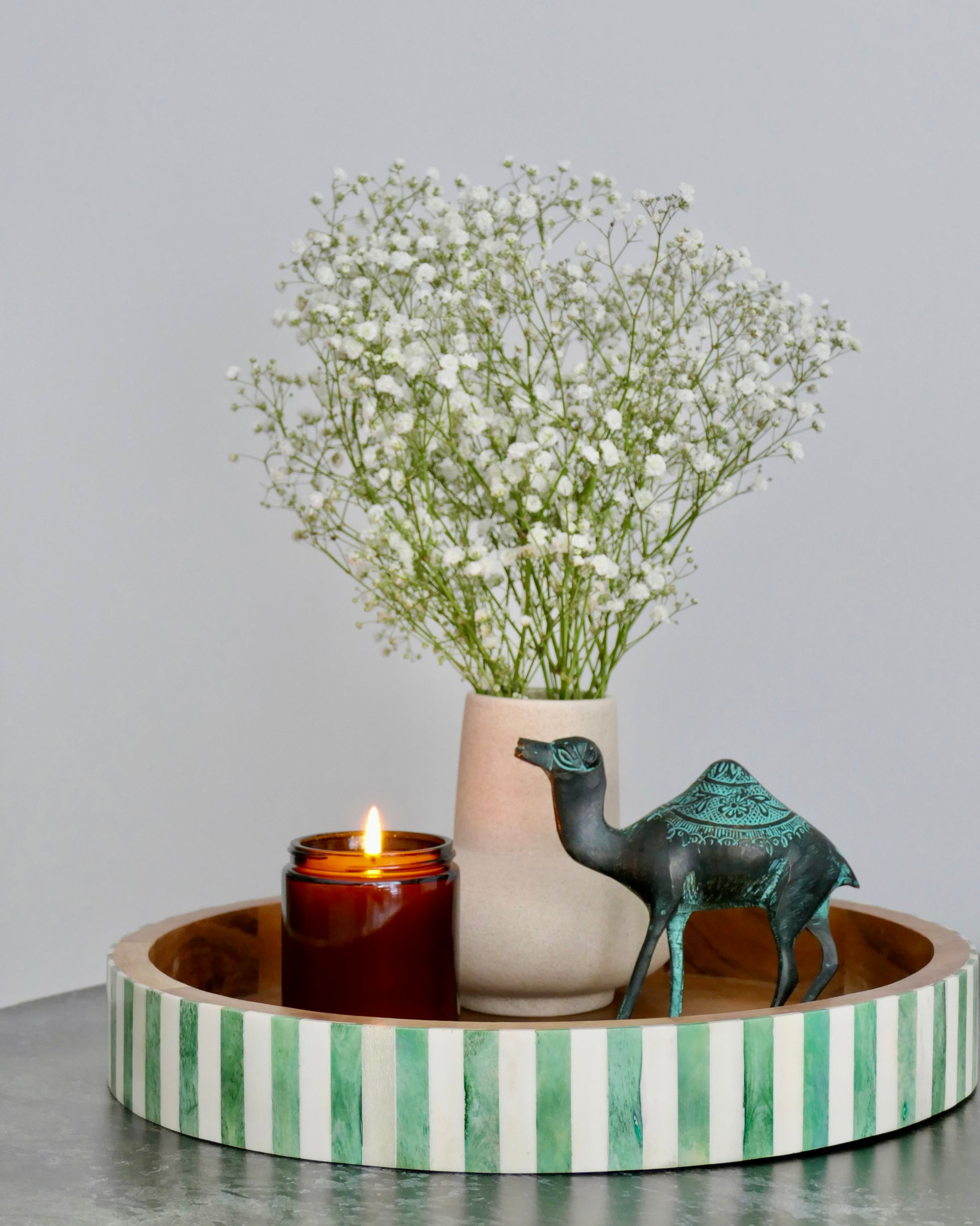 Bone inlay and acacia wood tray green