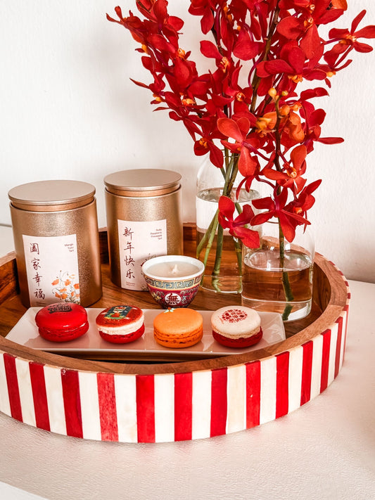 Tray, Acacia Wood, Bone Inlay, Jewel, Red