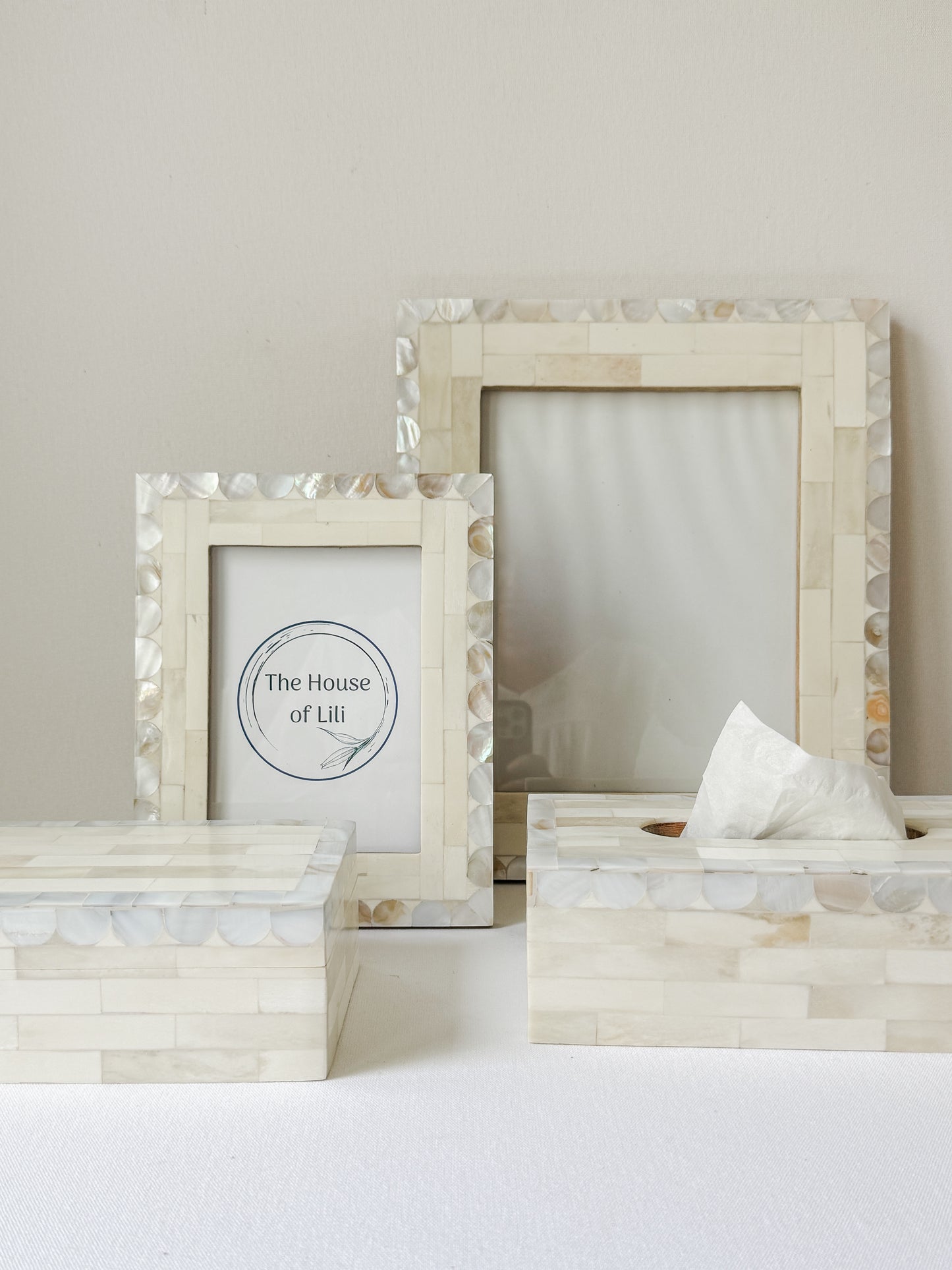 Tissue Box, Bone Inlay, Orchard, White