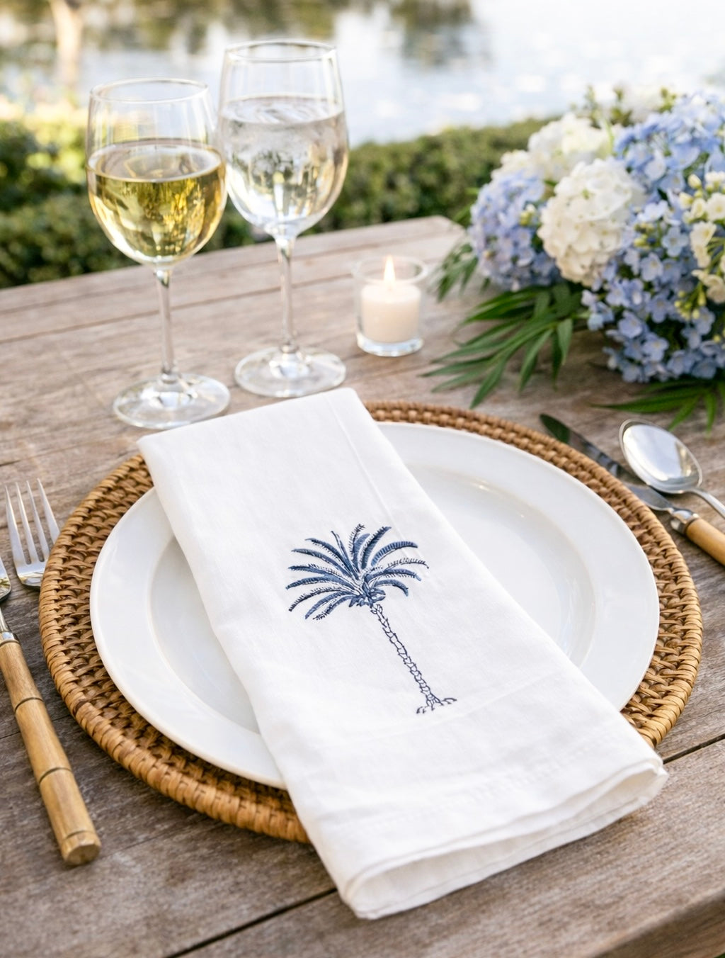Napkin, Block Printed, Palm, Blue