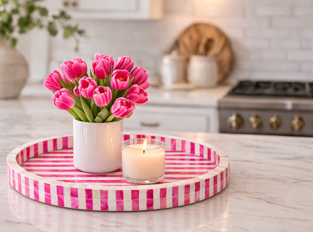 Tray, Round, Bone Inlay, Jewel, Pink