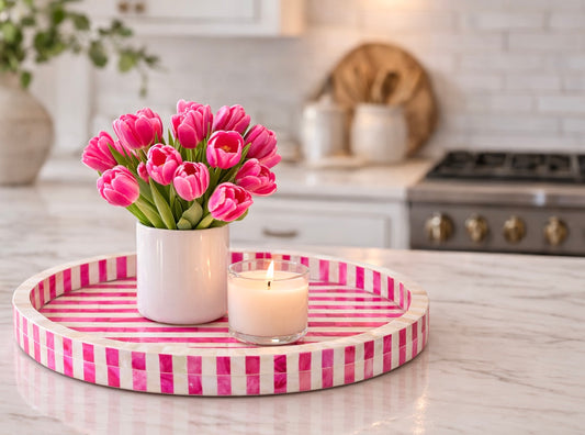 Tray, Round, Bone Inlay, Jewel, Pink