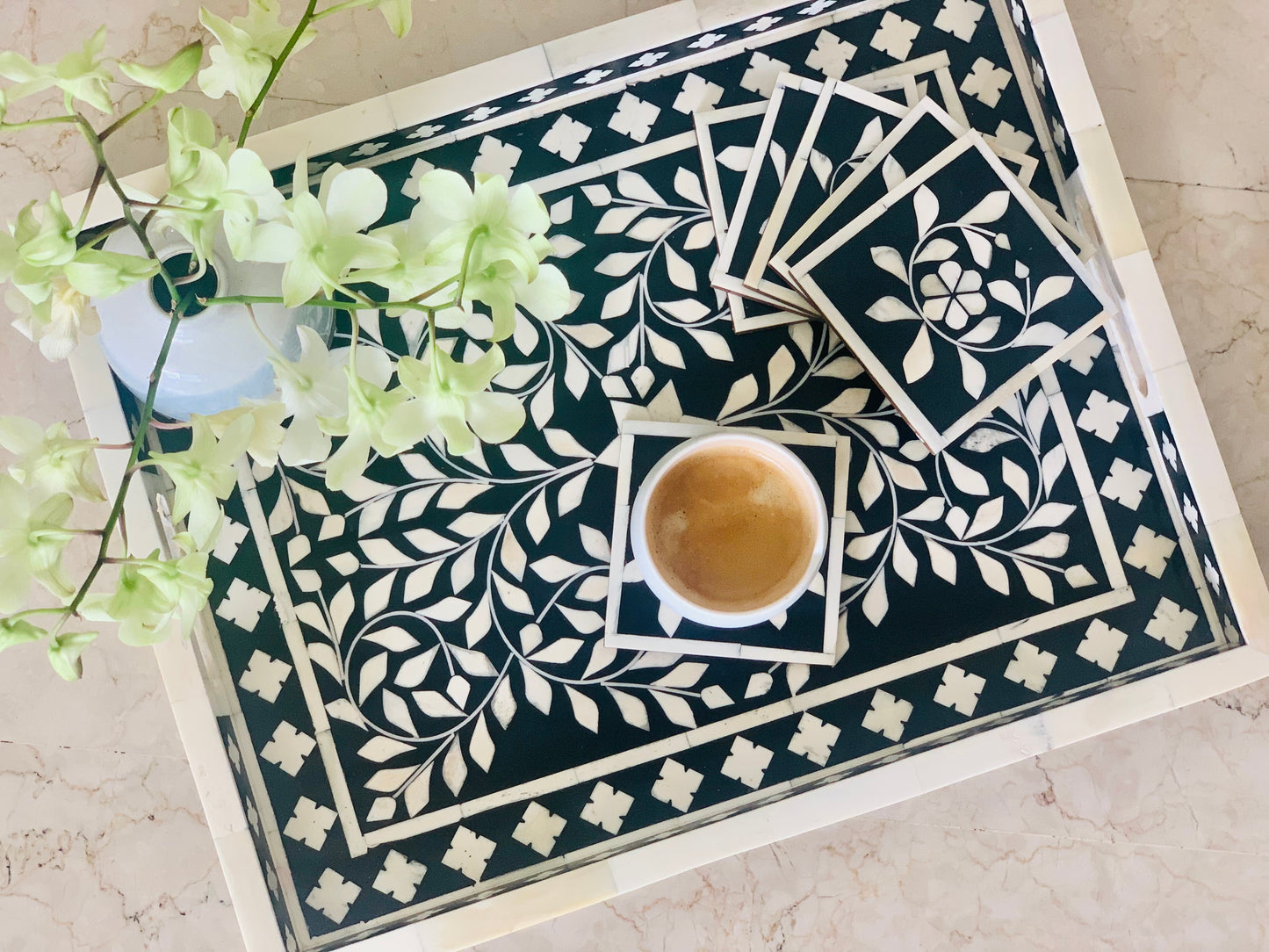 Tray, Large Rectangle, Bone Inlay, Botanical, Black