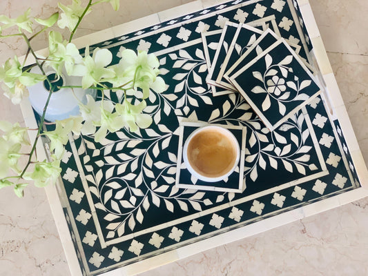 Tray, Large Rectangle, Bone Inlay, Botanical, Black