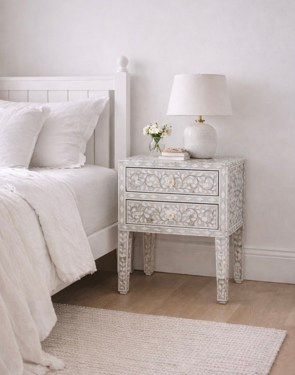 Furniture, Pre Order,  Mother of Pearl Inlay, Bed Side Table, Botanical